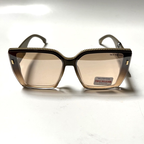 New Original TRUE RELIGION Square Sunglasses Oversized Beige Gold Trim main image 6
